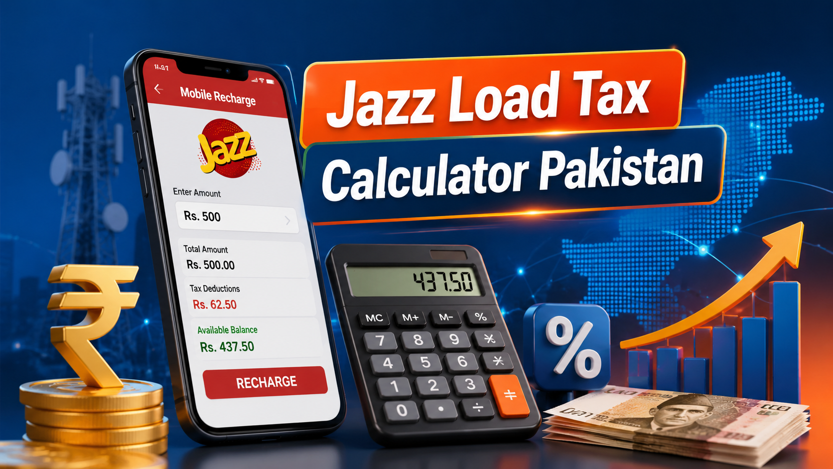 Jazz Load Tax Calculator Pakistan showing smartphone recharge, tax calculation, calculator and mobile load balance illustration.