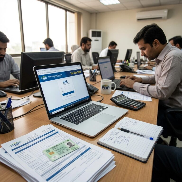 Ultra realistic income tax return filing in Pakistan using FBR IRIS system in modern office with documents and laptop