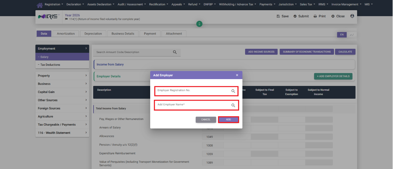Add Employer modal in the new IRIS Income Tax Return