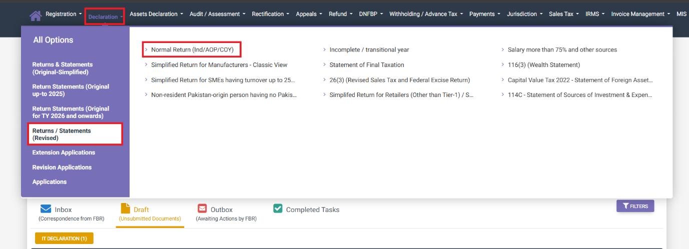 Declaration menu with Returns/Statements Revised highlighted in IRIS