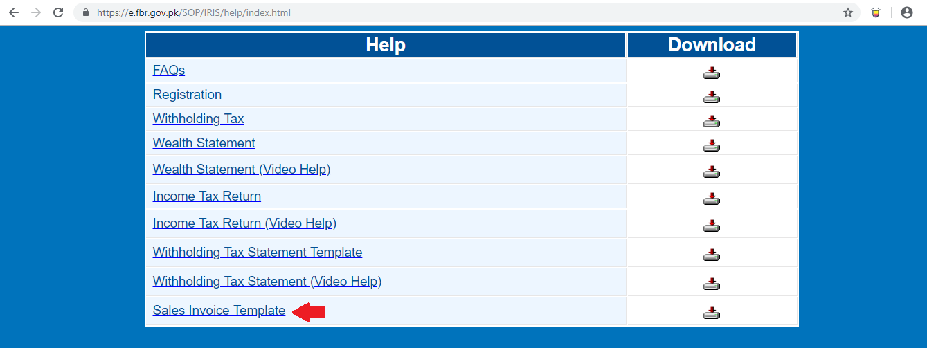 How to Bulk Import Sales Invoices in IRIS Using the Excel Template 1 Sales Invoice Template download link on FBR IRIS Help page