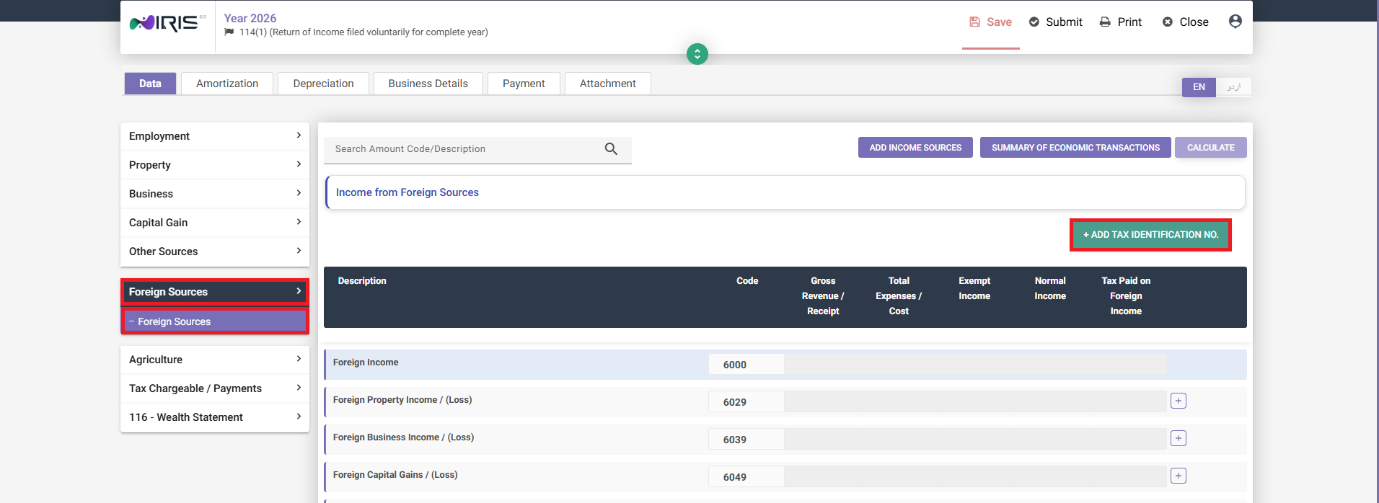 Income from Foreign Sources tab in IRIS