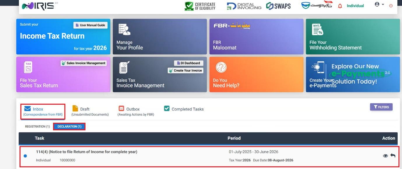 How to Respond to an FBR Tax Notice in IRIS (Pakistan, 2026) 1 Inbox Declaration tab showing a notice to file return in IRIS