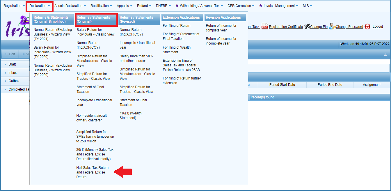 How to File a Null Sales Tax Return in Pakistan (IRIS Guide) 1 Null Sales Tax Return option in the IRIS Declaration menu