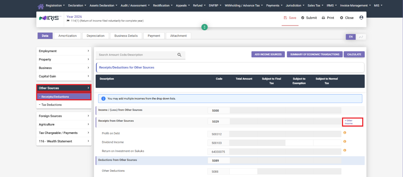 Receipts/Deductions for Other Sources tab in IRIS