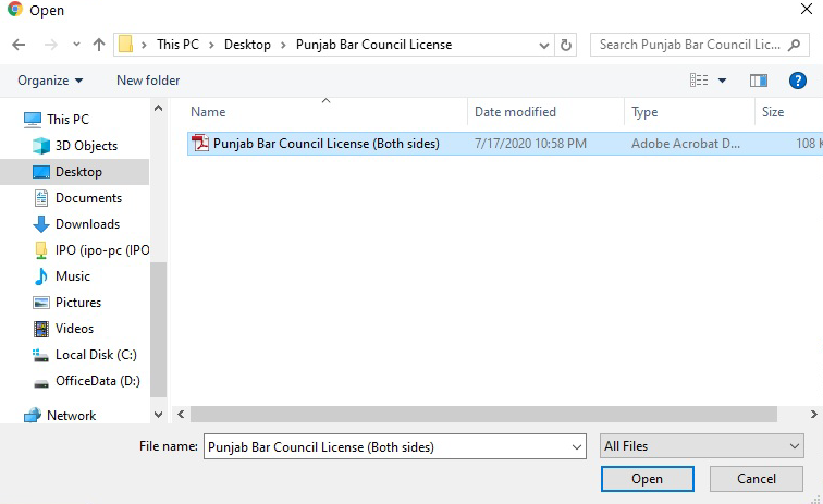 How to Register as a REPRESENTATIVE (Attorney/RTMA) on IPO-Pakistan's Online Filing System (2026 Guide) 3 File picker dialog for uploading a scanned Bar Council license to IPO Pakistan's online filing system