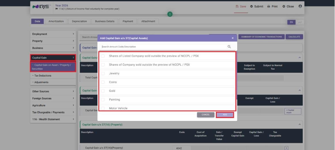 Add Capital Gain u/s 37 Capital Assets modal in IRIS