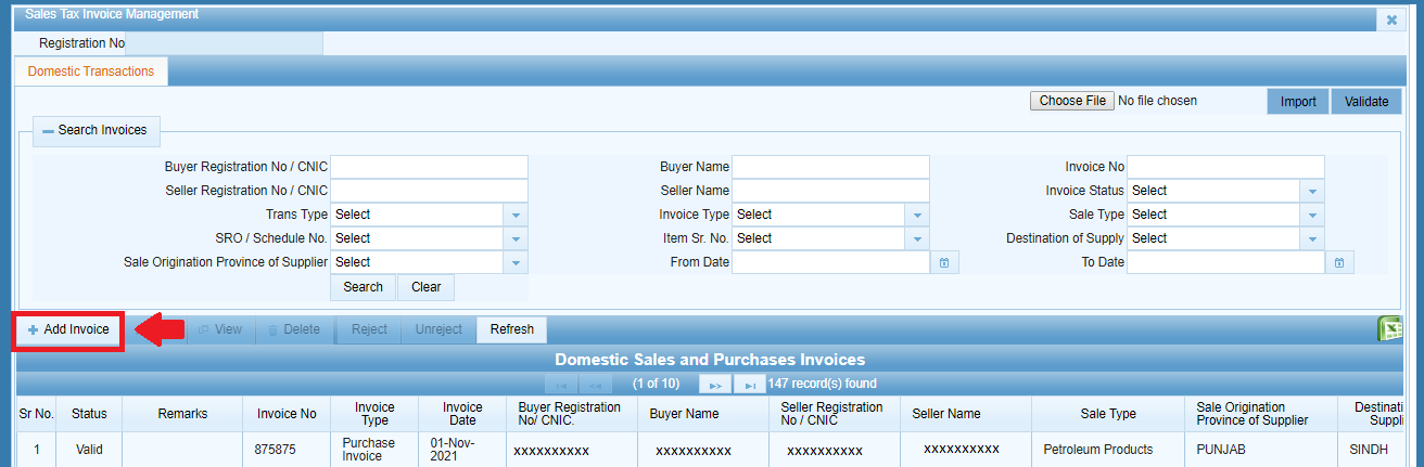 Add Invoice button in IRIS domestic transactions section