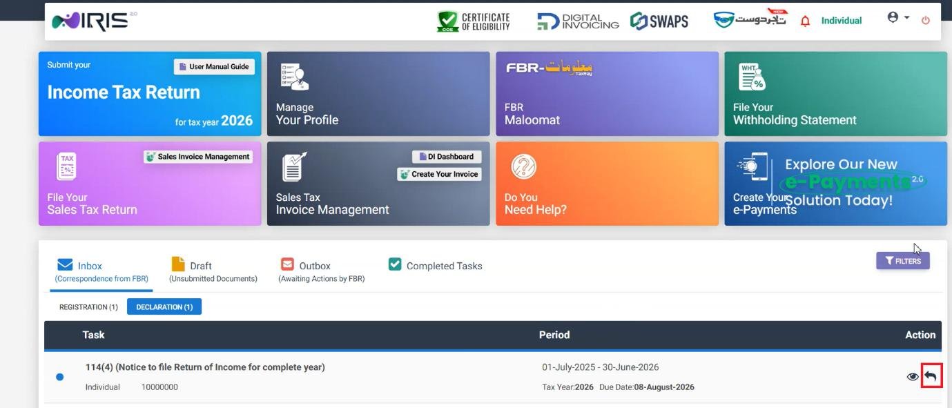 How to Respond to an FBR Tax Notice in IRIS (Pakistan, 2026) 2 Reply icon highlighted next to a notice in IRIS