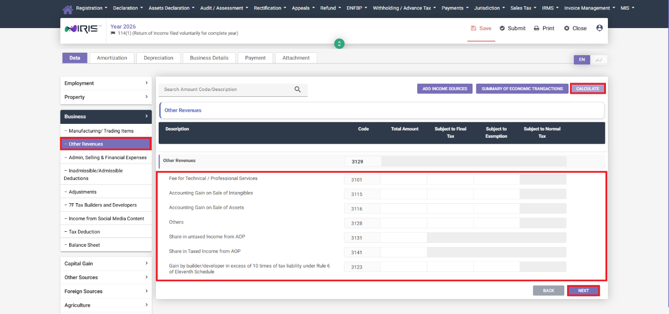 Other Revenues tab in IRIS Business section