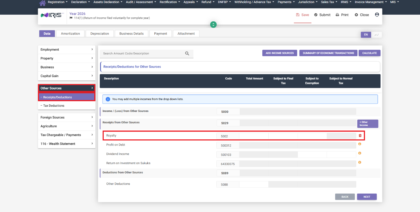 Other Sources income filled with a Royalty example in IRIS
