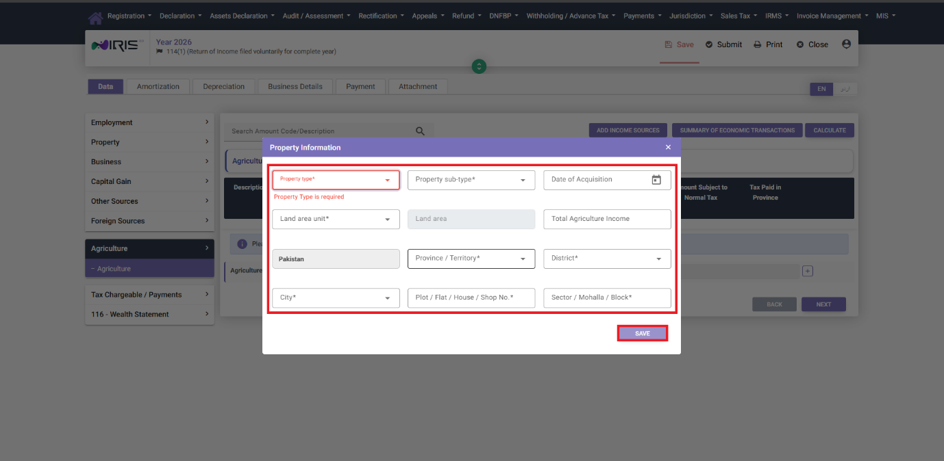 Property Information modal for Agriculture income in IRIS