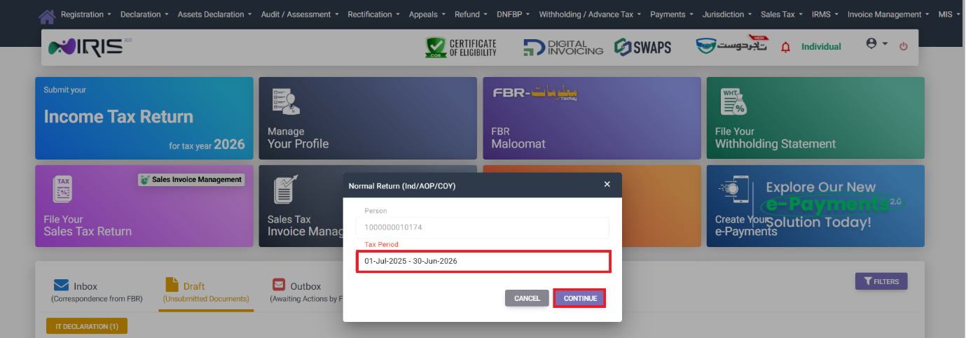 Tax Period selection pop-up for Revised Return in IRIS