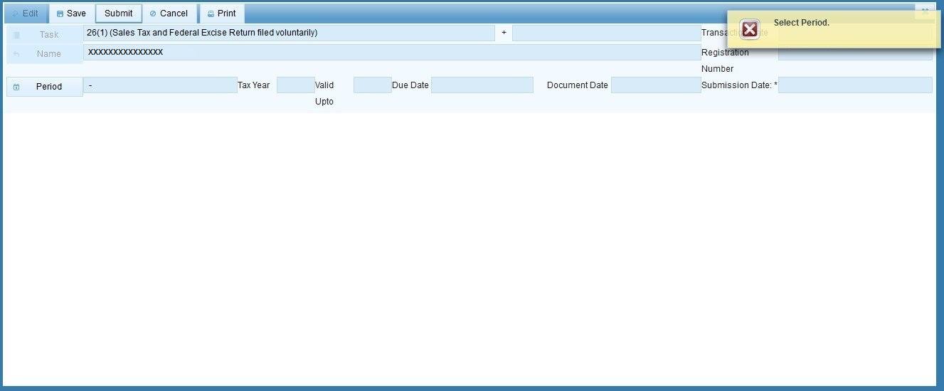 IRIS Sales Tax Return task window with Period field