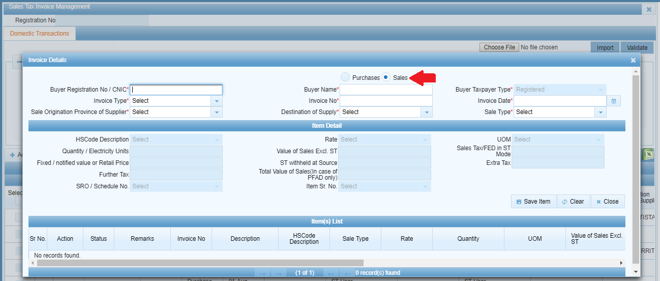 IRIS invoice details window with Sales/Debit Note/Credit Note radio options