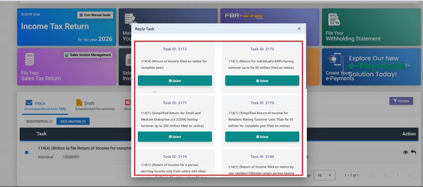 How to Respond to an FBR Tax Notice in IRIS (Pakistan, 2026) 3 Reply Task modal showing a list of task options in IRIS