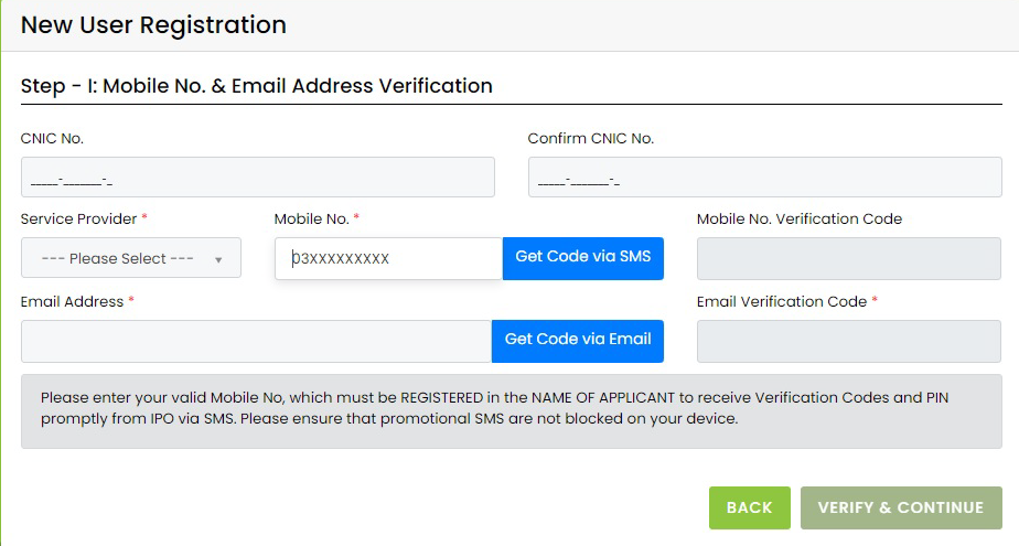 IPO Pakistan Step-I Mobile No. and Email Address Verification form