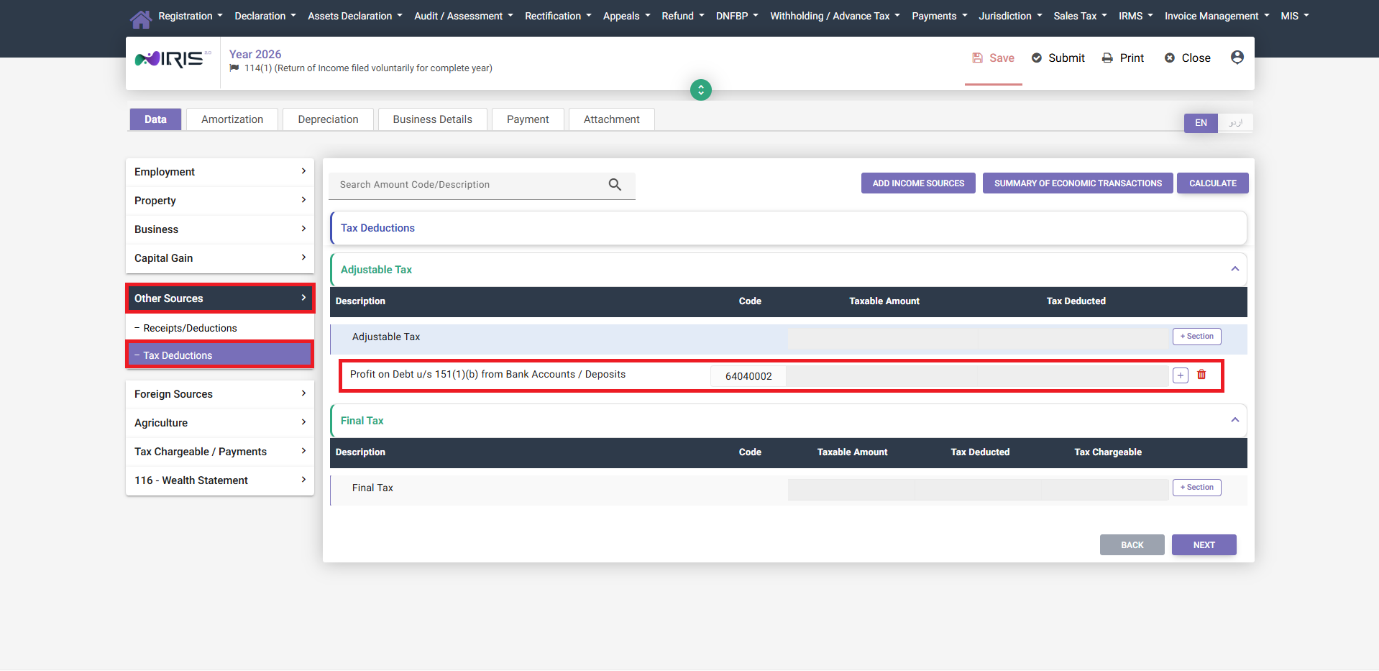 Tax Deductions Adjustable Tax tab for Other Sources in IRIS