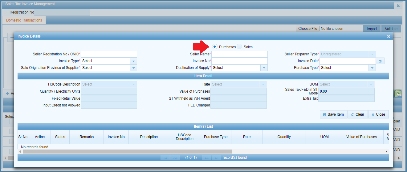 Invoice details window with Purchases radio option selected