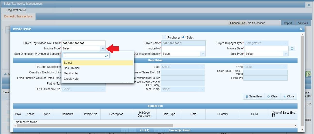 IRIS Invoice Type dropdown showing Sales Invoice option