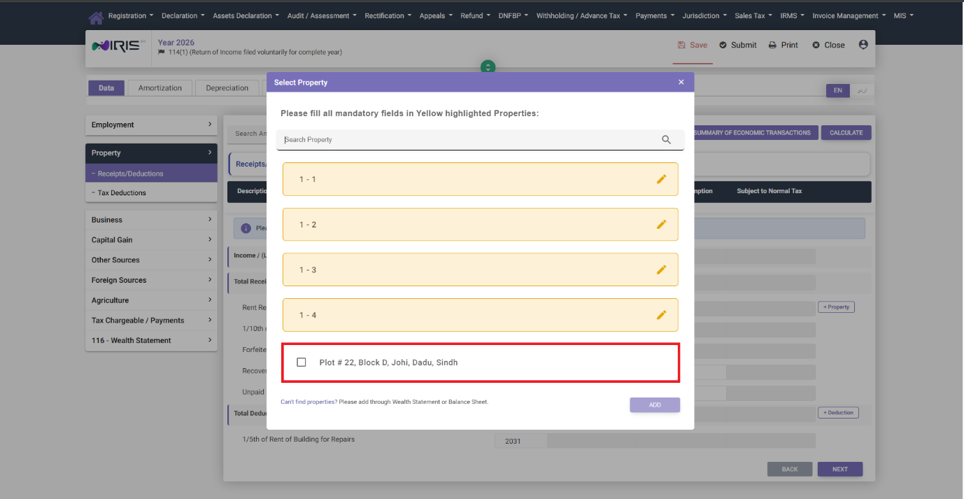 Select Property window in IRIS with previously declared properties