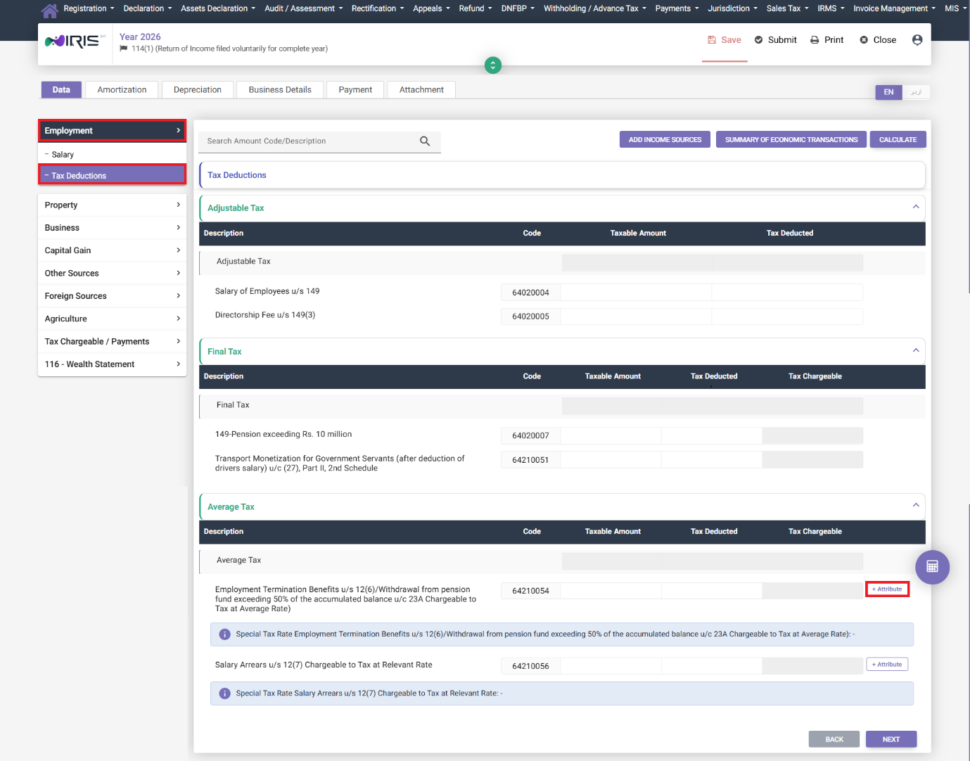 Tax Deductions tab showing Adjustable, Final, and Average Tax sections