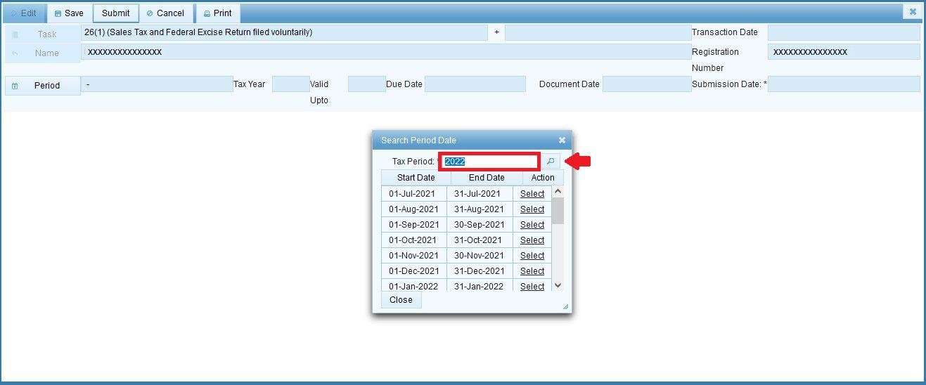 Search Period Date dialog with tax year entered and month list showing