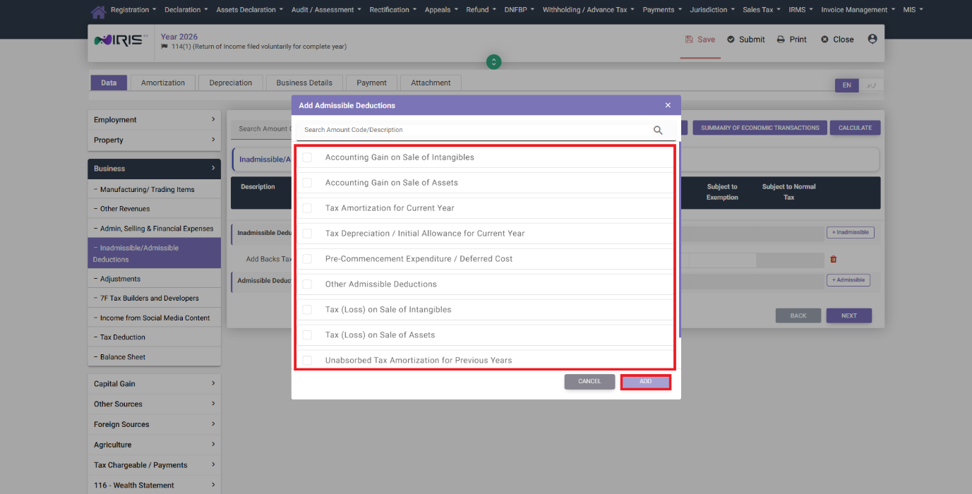 Add Admissible Deductions modal in IRIS