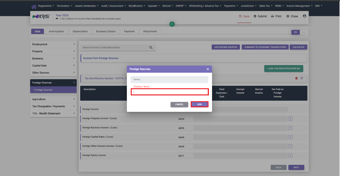 Add Foreign Salary Income modal in IRIS