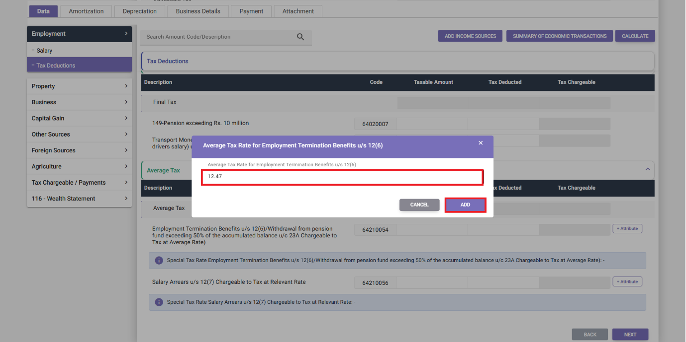 Average Tax Rate entry modal in IRIS