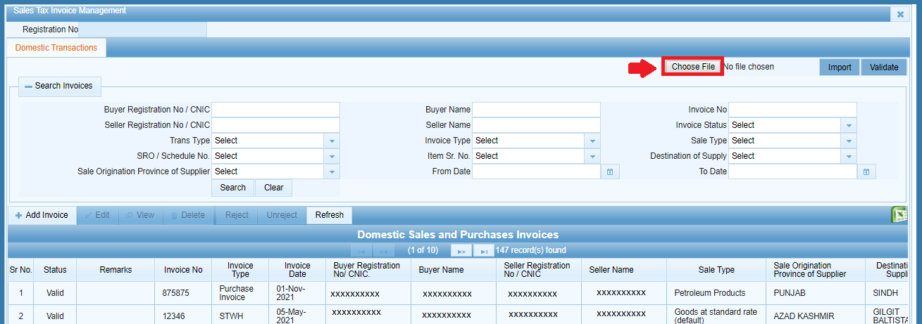 How to Bulk Import Sales Invoices in IRIS Using the Excel Template 5 Choose File and Import buttons in IRIS Invoice Management