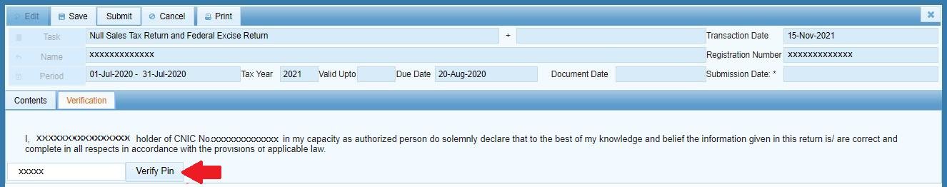 How to File a Null Sales Tax Return in Pakistan (IRIS Guide) 5 Verify Pin button on the Null Sales Tax Return