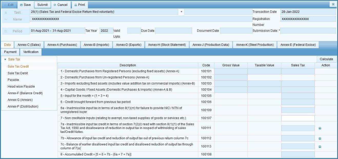 IRIS Sales Tax Return Data tab open with Sale Tax Credit selected