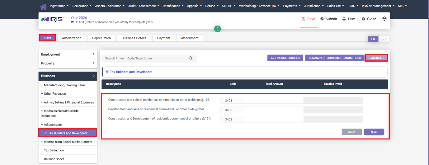 7F Tax Builders and Developers tab in IRIS