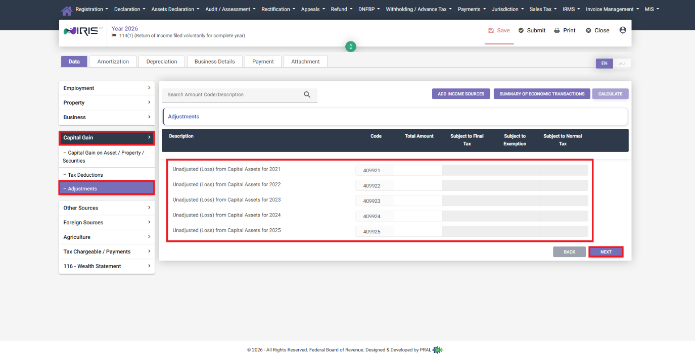 Adjustments tab showing Unadjusted Loss carryforward rows in IRIS