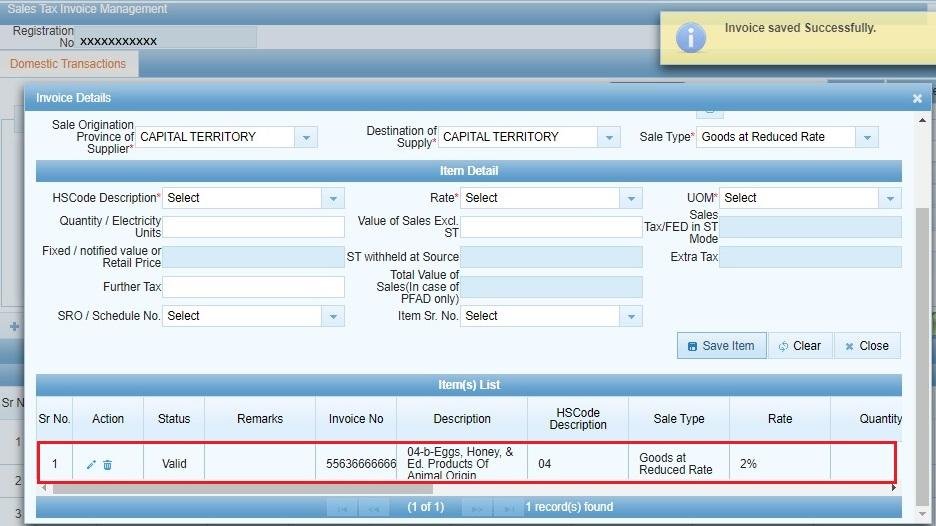 IRIS invoice item saved successfully confirmation