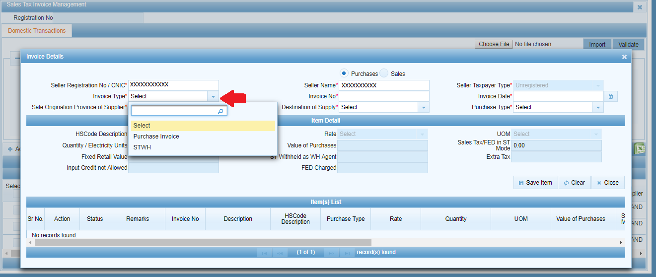 Invoice Type dropdown showing Purchase Invoice and STWH options