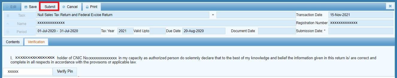 How to File a Null Sales Tax Return in Pakistan (IRIS Guide) 6 Submit button on the Null Sales Tax Return