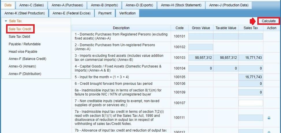 Sales Tax Credit tab in IRIS Sales Tax Return
