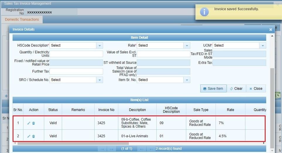 IRIS Item(s) List showing multiple saved items on one invoice