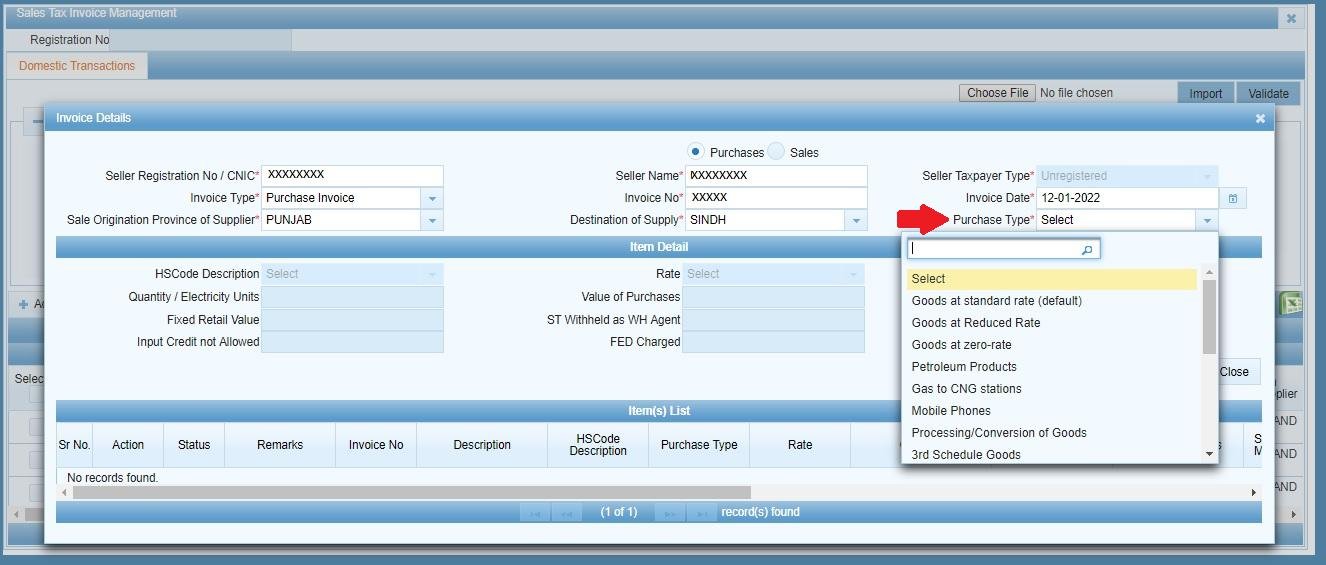 Purchase Type dropdown with goods and services categories
