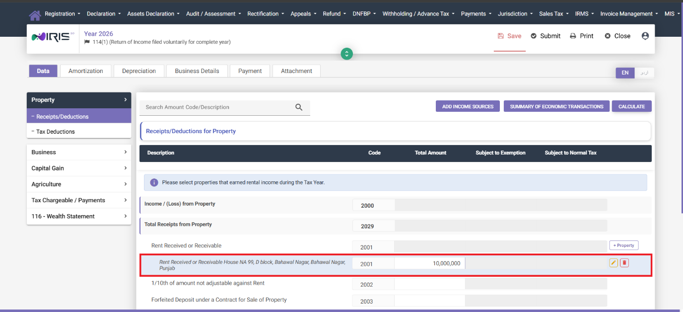 Rent Received or Receivable entry showing added property in IRIS