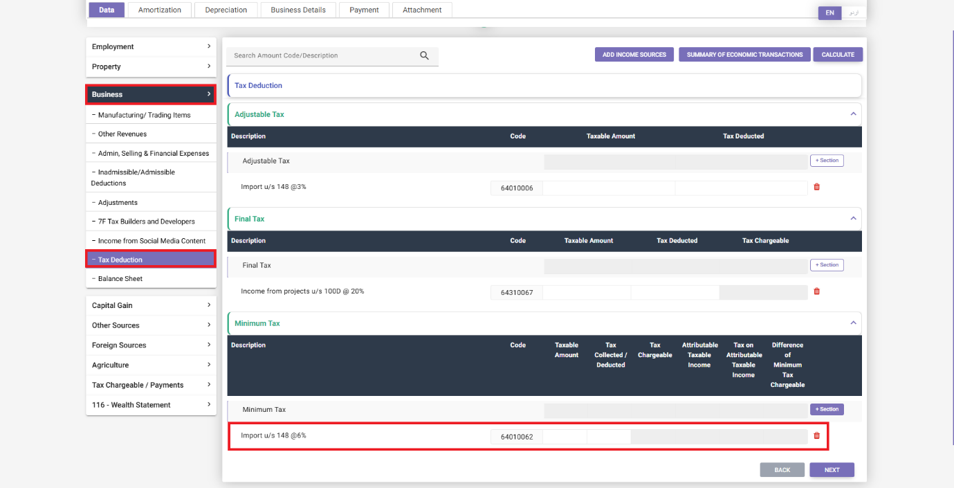 Tax Deduction tab with Adjustable, Final, and Minimum Tax in IRIS