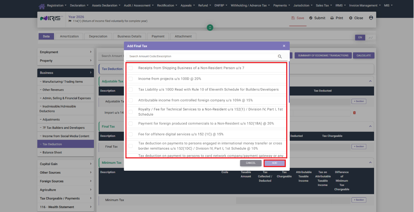 Add Final Tax modal in IRIS