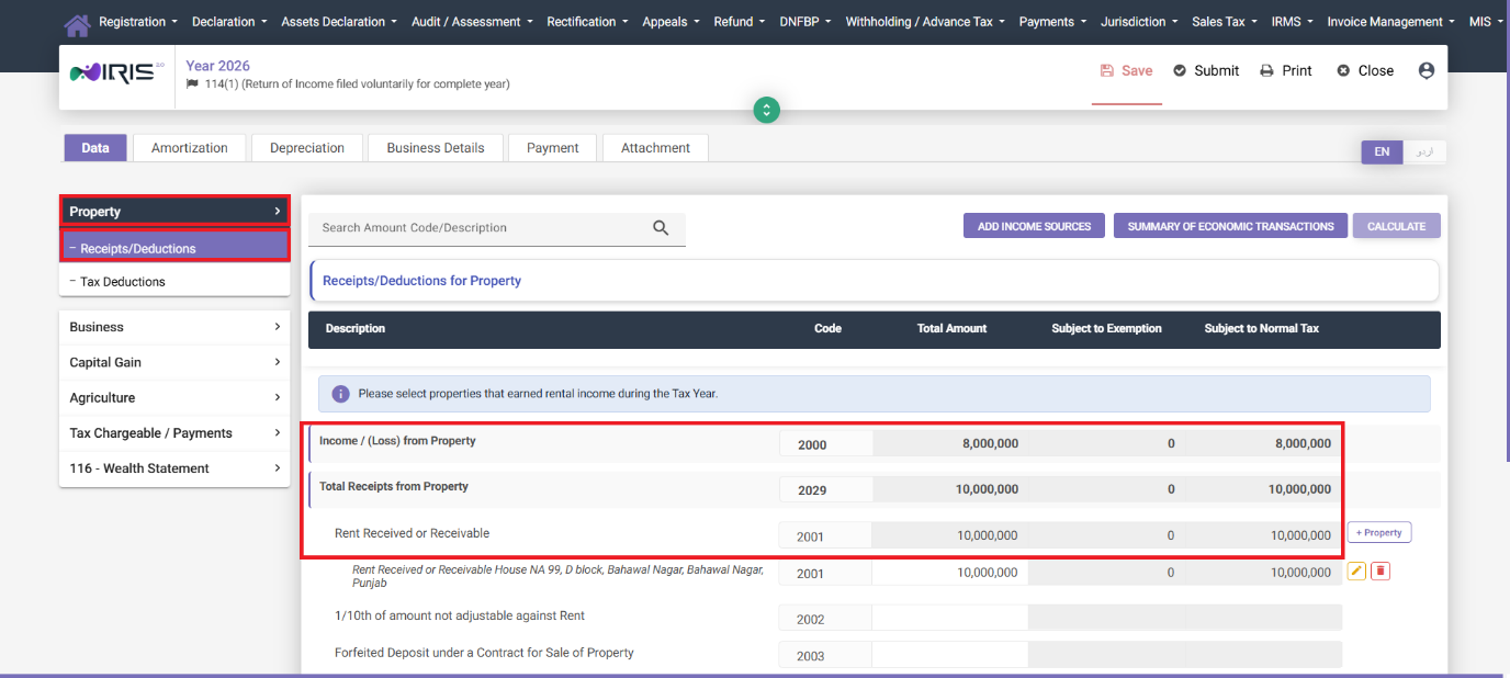 Income/Loss from Property calculated in IRIS