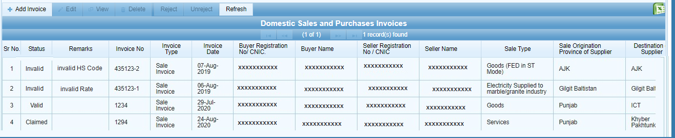 How to Bulk Import Sales Invoices in IRIS Using the Excel Template 8 Invoice grid showing Valid, Invalid, and Claimed status with Remarks