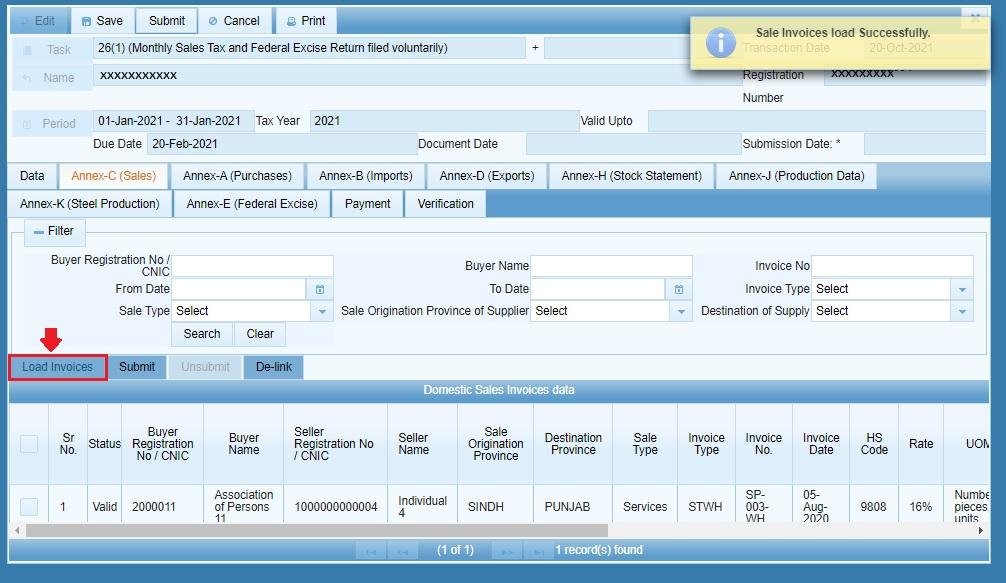 Load Invoices button to pull saved invoices into a Sales Tax Return in IRIS