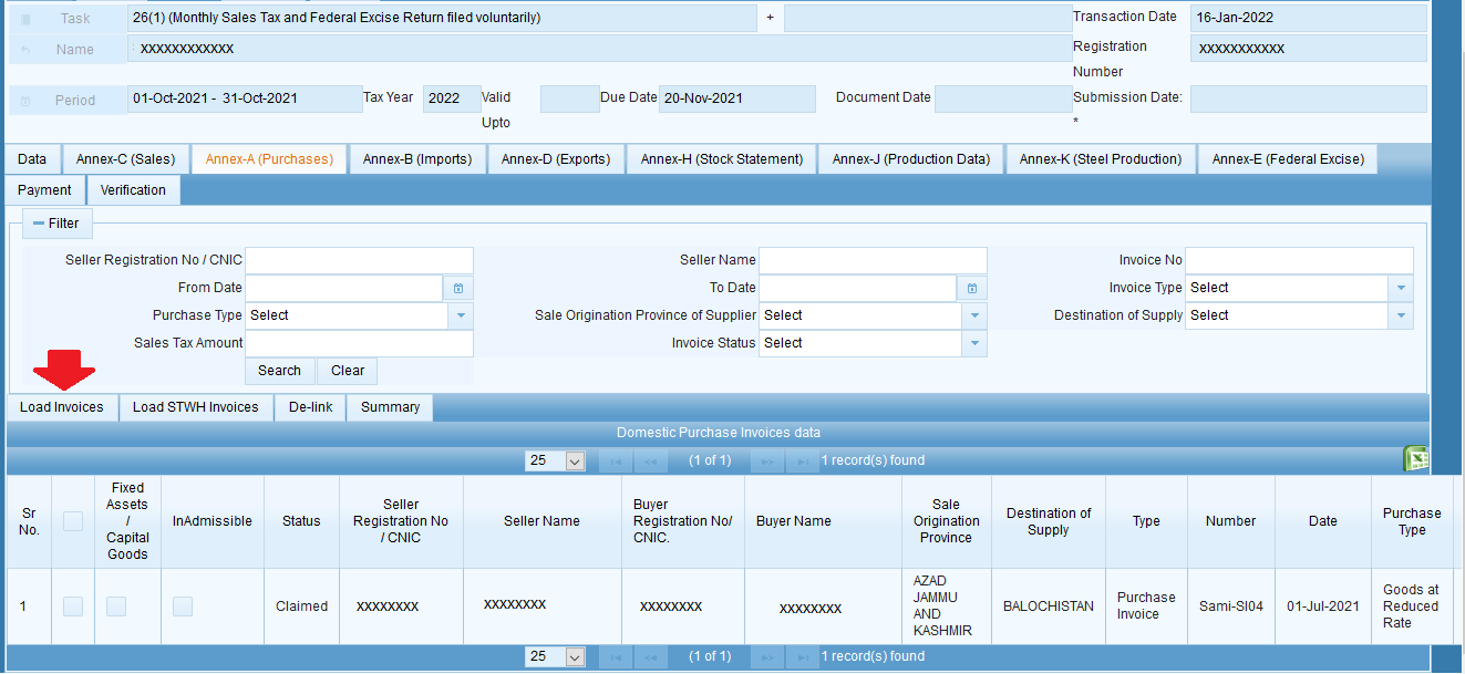 Annex-A tab showing auto-loaded purchase invoices