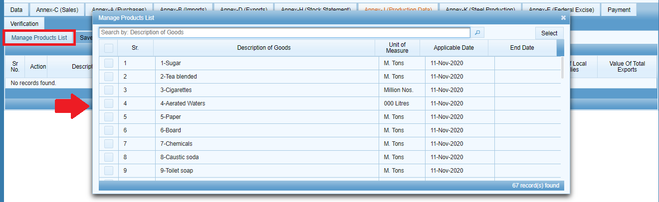 Sales Tax Annexures Explained: Annex-A to Annex-P in IRIS 9 Manage Products List modal in IRIS