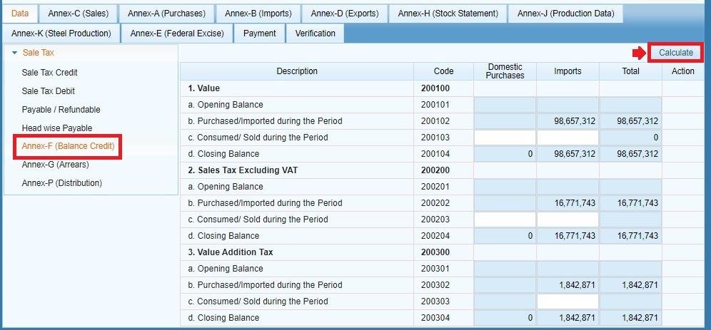Annex-F Balance Credit tab in IRIS